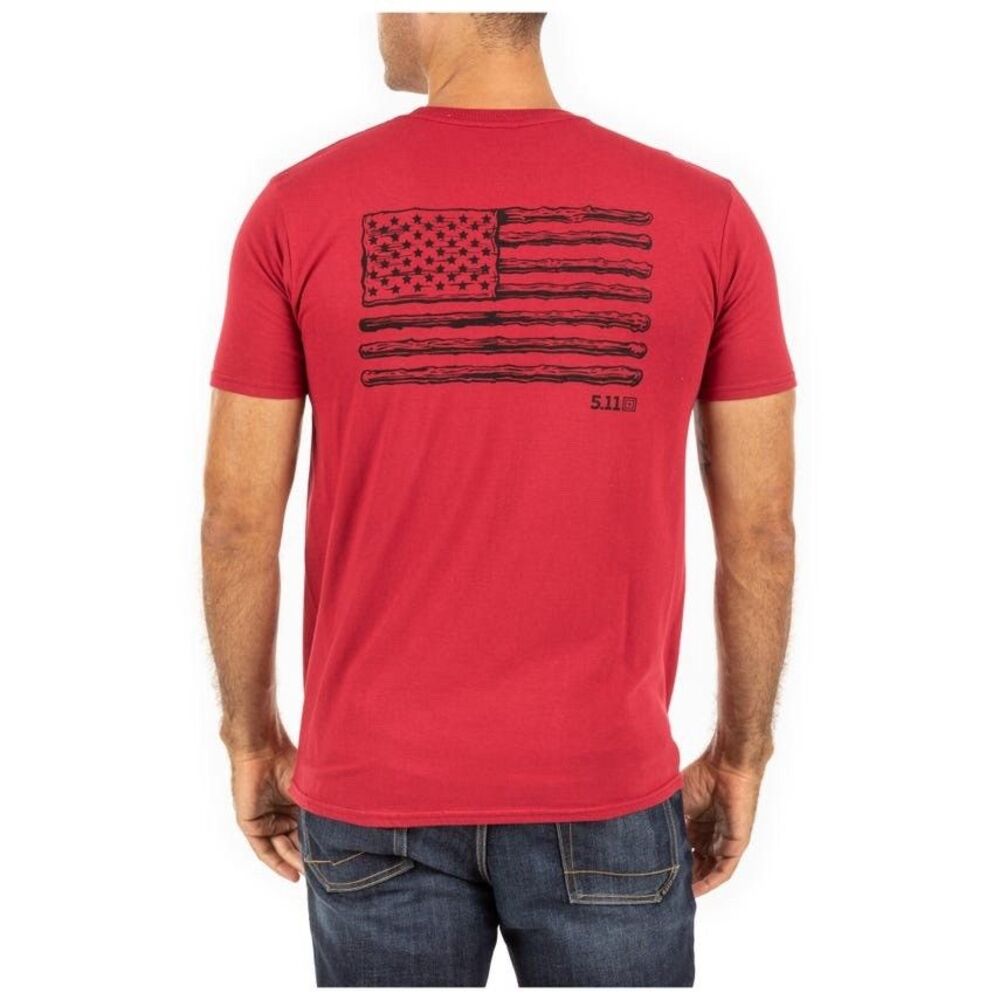 5.11 Tactical American Flag Distressed Sticks T Shirt Mens 2XL Merlot Maroon